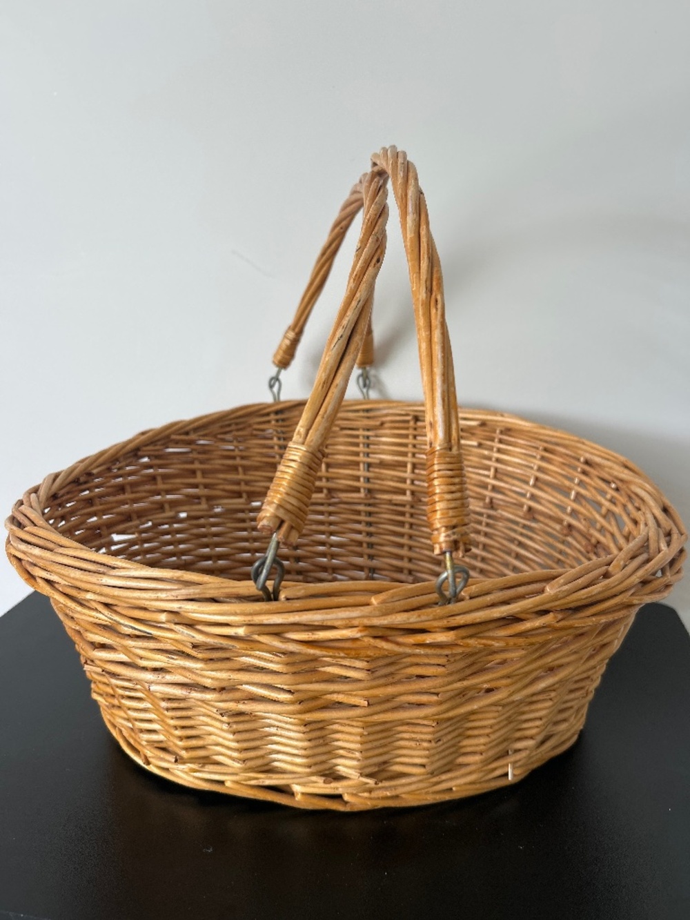 Antique Rustic Handwoven Willow Market Tote Basket With Iron Swing Handles